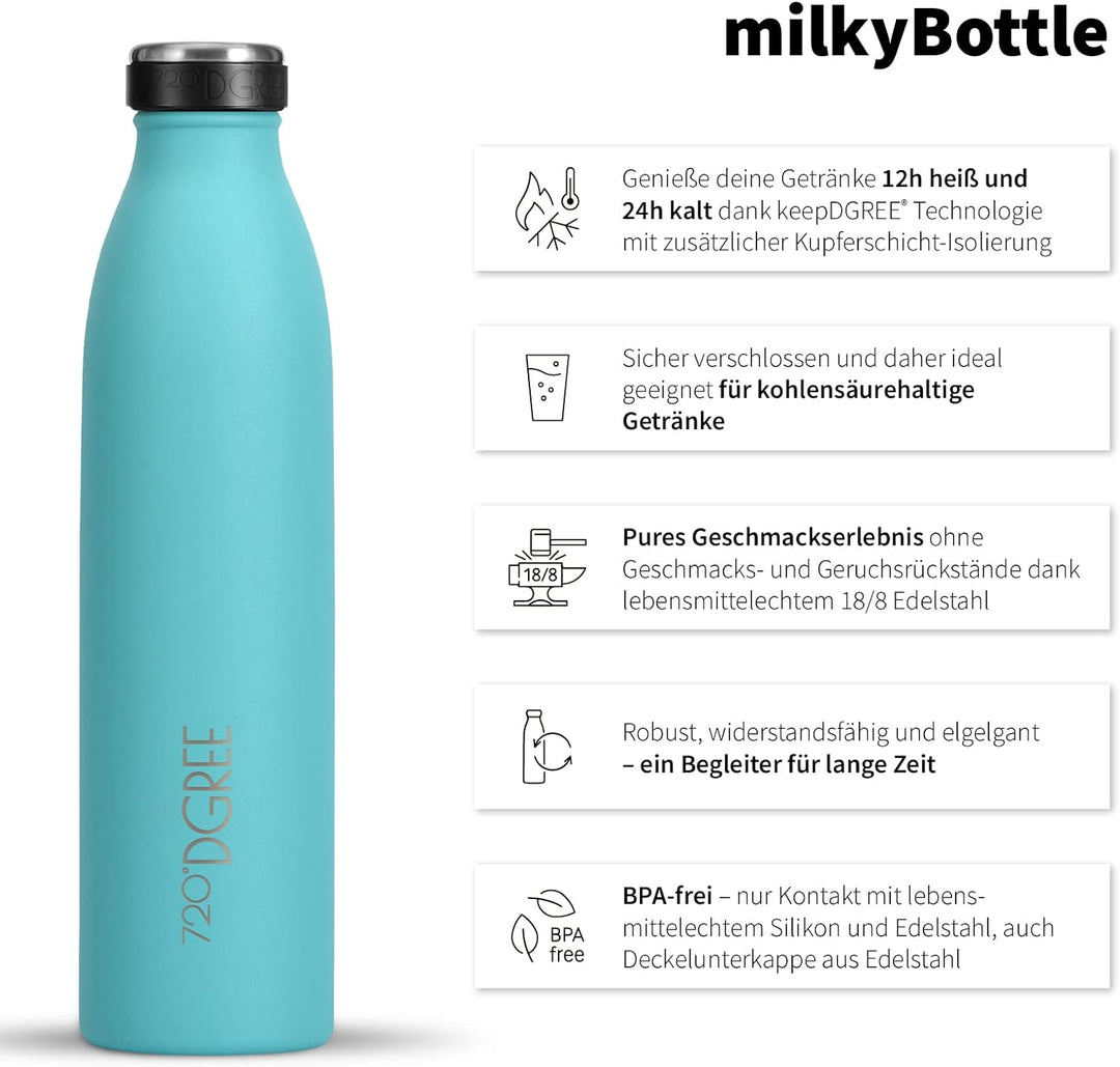 720°DGREE Edelstahl Trinkflasche “milkyBottle” - 1L - BPA-Frei, Auslaufsicher, Kohlensäure geeignet