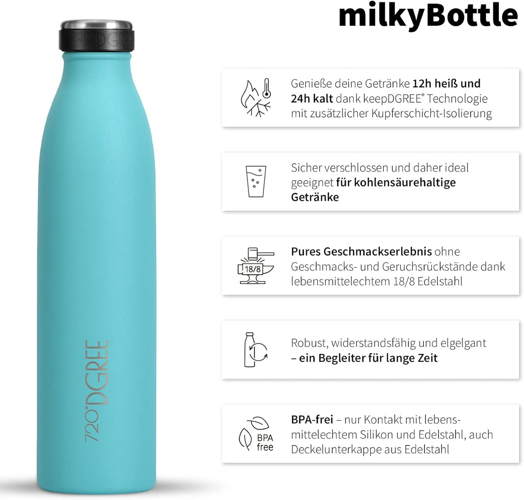 720°DGREE Edelstahl Trinkflasche “milkyBottle” - 750ml - BPA-Frei, Auslaufsicher, Kohlensäure geeign