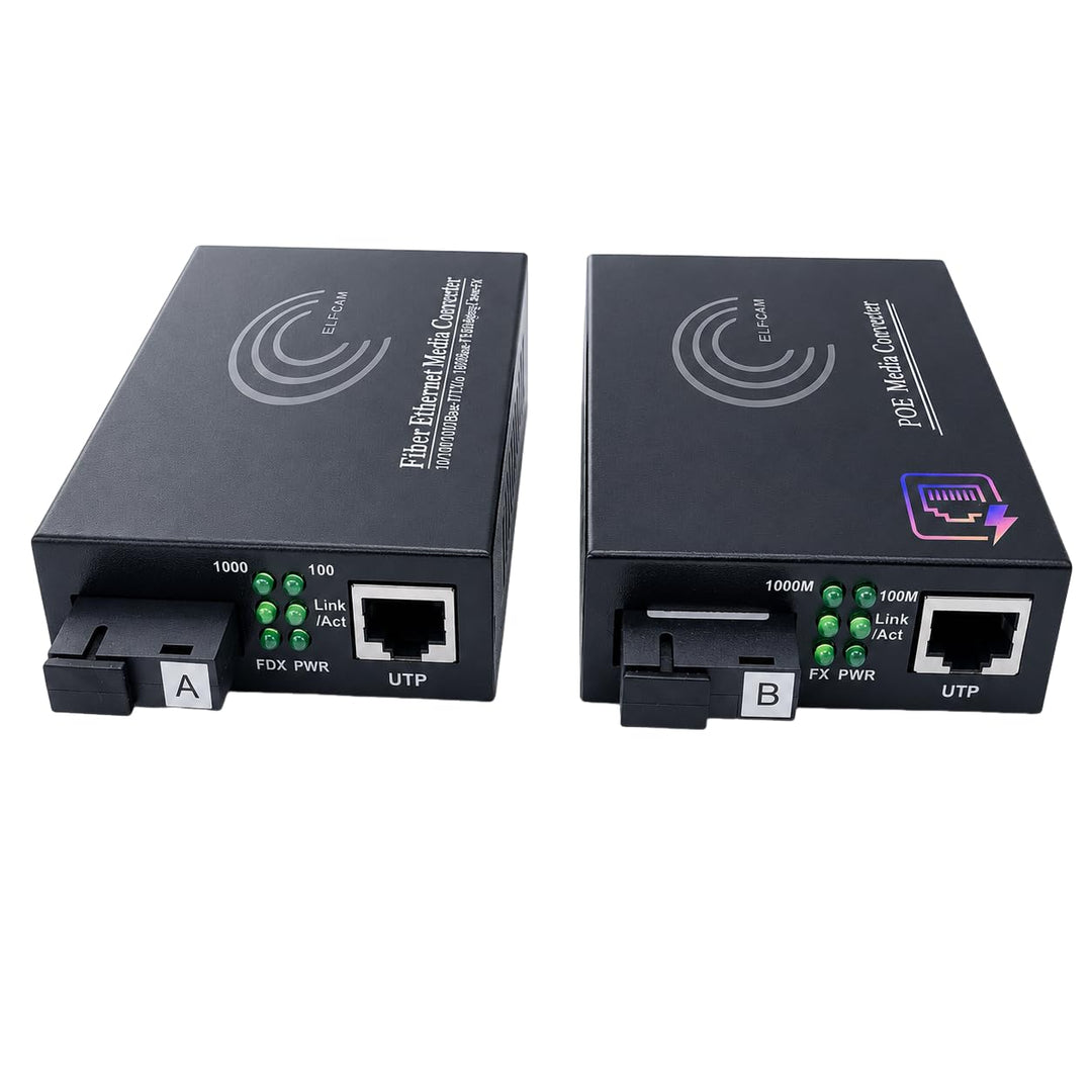 Elfcam® - PoE Gigabit Ethernet LWL Medienkonverter Glasfaser 10/100/1000 Mbps inklusive Mini-GBIC (S
