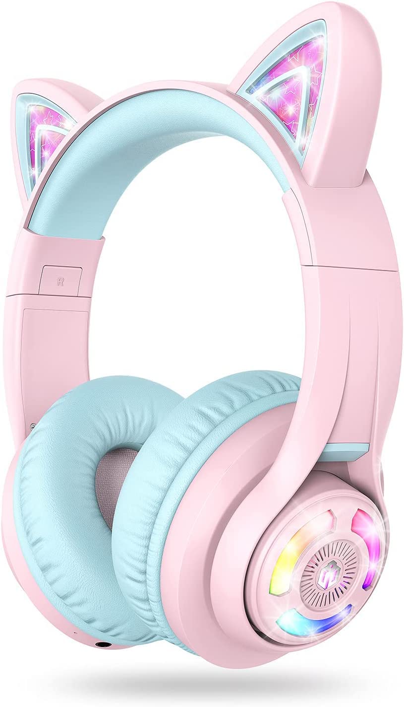 iClever Bluetooth Kopfhörer Kinder, Katzenohr LED Leuchten, Kabellose Kinder Kopfhörer über dem Ohr