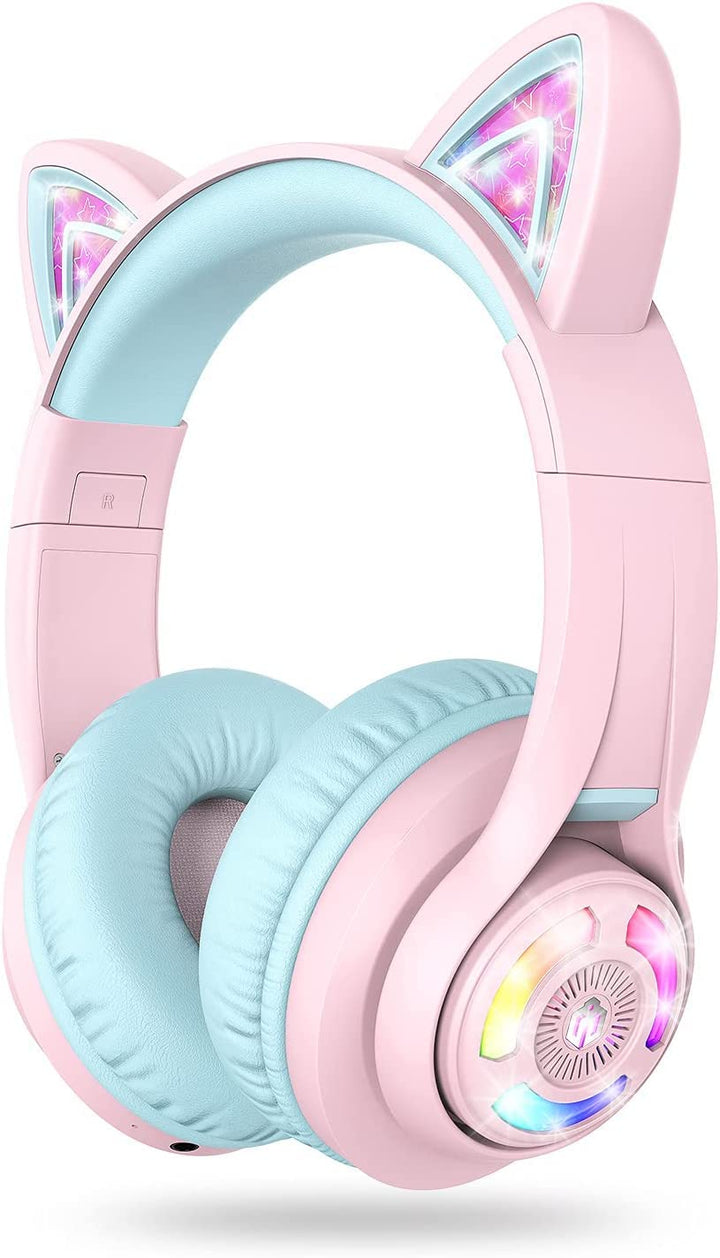 iClever Bluetooth Kopfhörer Kinder, Katzenohr LED Leuchten, Kabellose Kinder Kopfhörer über dem Ohr