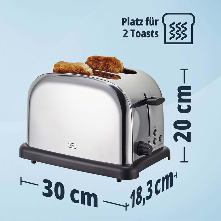 KHG Edelstahl Toaster in Chrom Optik mit Brötchenaufsatz, 2 Scheiben | 6 Bräunungsstufen mit Bräunun