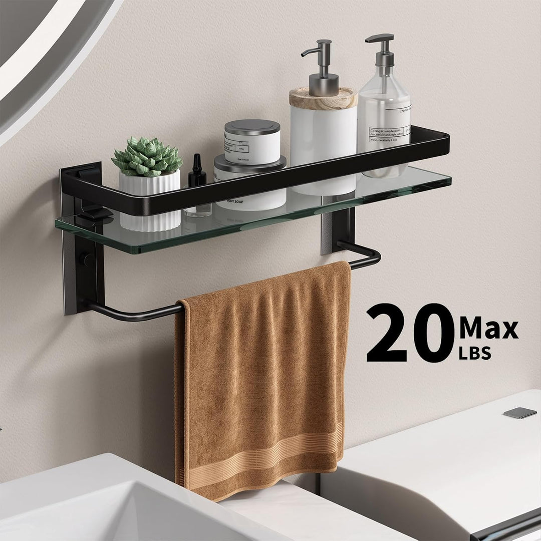 Danpoo Badezimmer Wandregal mit Handtuchstange, klares gehärtetes Glas, Handtuchhalter (mattschwarz)