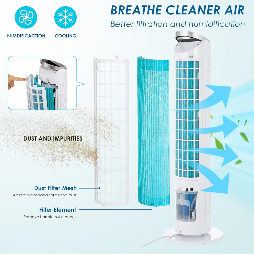 101CM Turmventilator mit Fernbedienung und Wasserkühlung, 52° Oszillation, 8 Stunden Timer Befeuchtu