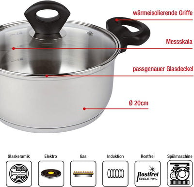 EUROHOME Bratentopf mit Glasdeckel und induktionsgeeignet - Kochtopf Edelstahl Ø20 cm - Hochwertiger