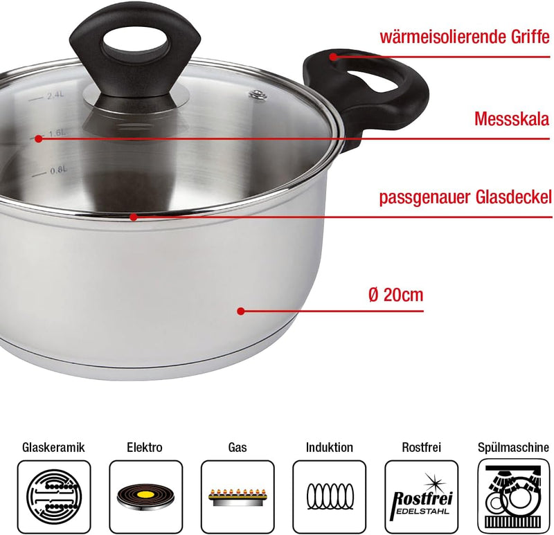 EUROHOME Bratentopf mit Glasdeckel und induktionsgeeignet - Kochtopf Edelstahl Ø20 cm - Hochwertiger