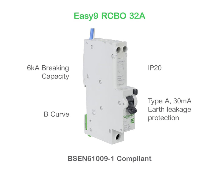 Schneider Electric EZ9D16832 Easy9 Fehlerstromschutzschalter mit Überstromschutz, 1 P + NS, 32 A, B