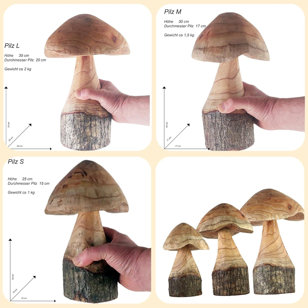 ART-CRAFT Naturnahe Holzpilz-Deko Set mit 3 handgeschnitzten Pilzen 35-30-25 cm hoch - Für Balkon, T