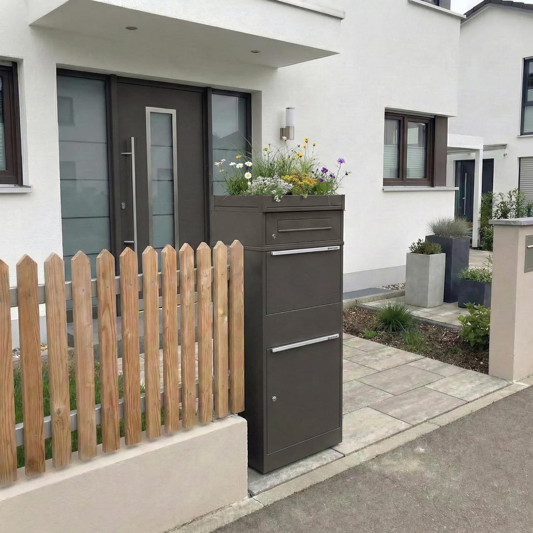 Metzler Paketbox mit Pflanzdach, Postbox rostfrei & massiv Paketbriefkasten XXL, Standbriefkasten mo