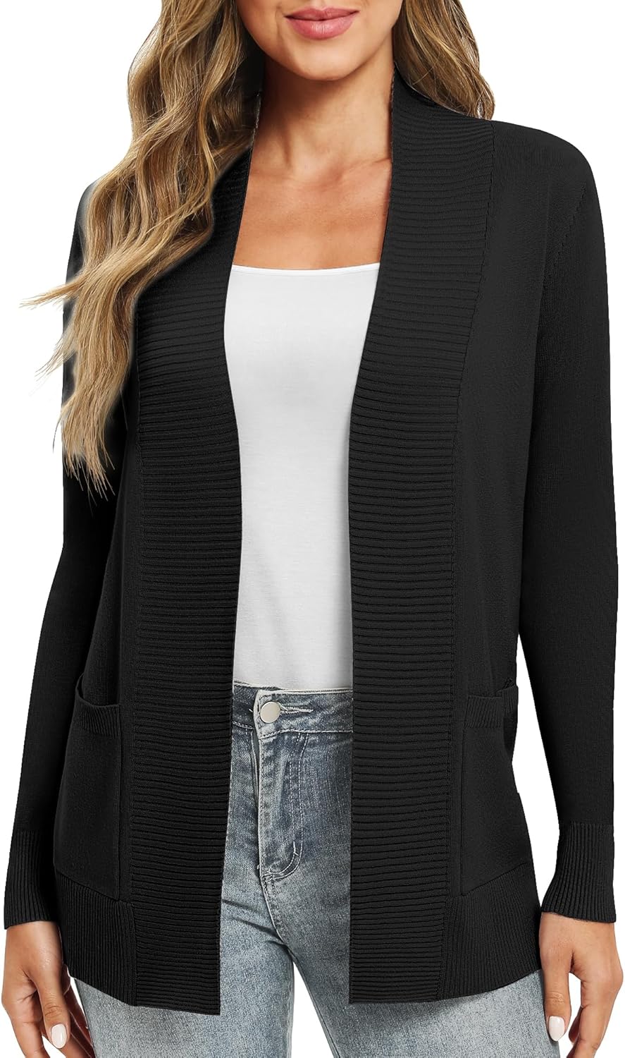 EXCHIC Damen Lange Ärmel Gestrickt Strickjacke Leicht Gemütlich Offene Vorderseite Lange Freizeitjac