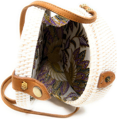 Trintura Rattan Tasche rund weiss mit langem Leder Riemen geflochten Damen Korbtasche Umhängetasche