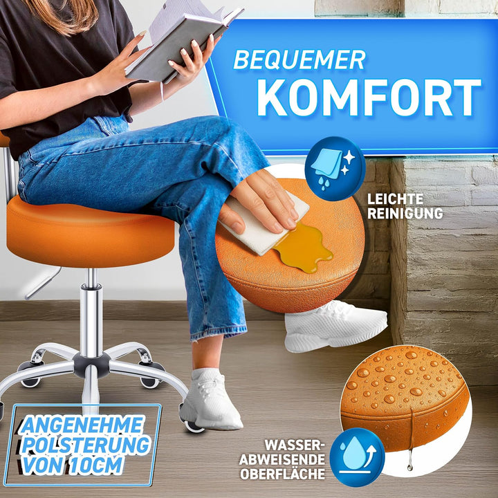 TRESKO® Rollhocker mit Lehne höhenverstellbar 10cm Dicke Polsterung Drehbar | Hocker 46-58cm | Arbei