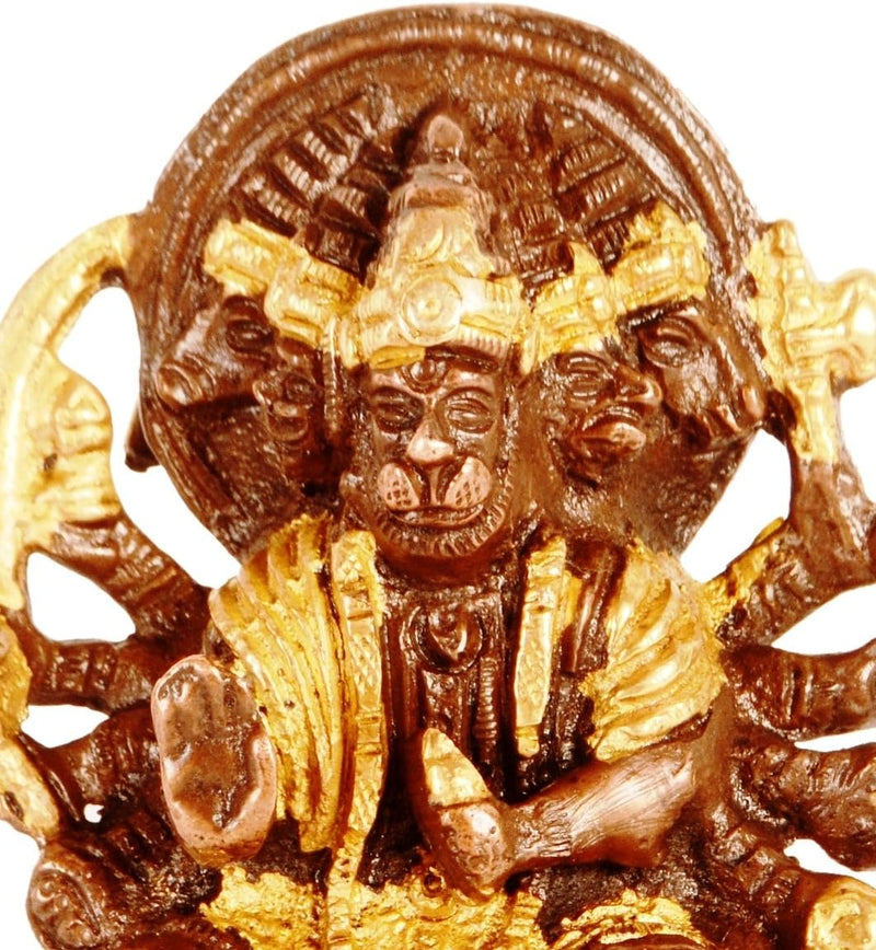 Purpledip Brass Idol Hanuman/Bajrangbali in Panchmukhi Avatar: Unique Copper Gold Finish for Home Te