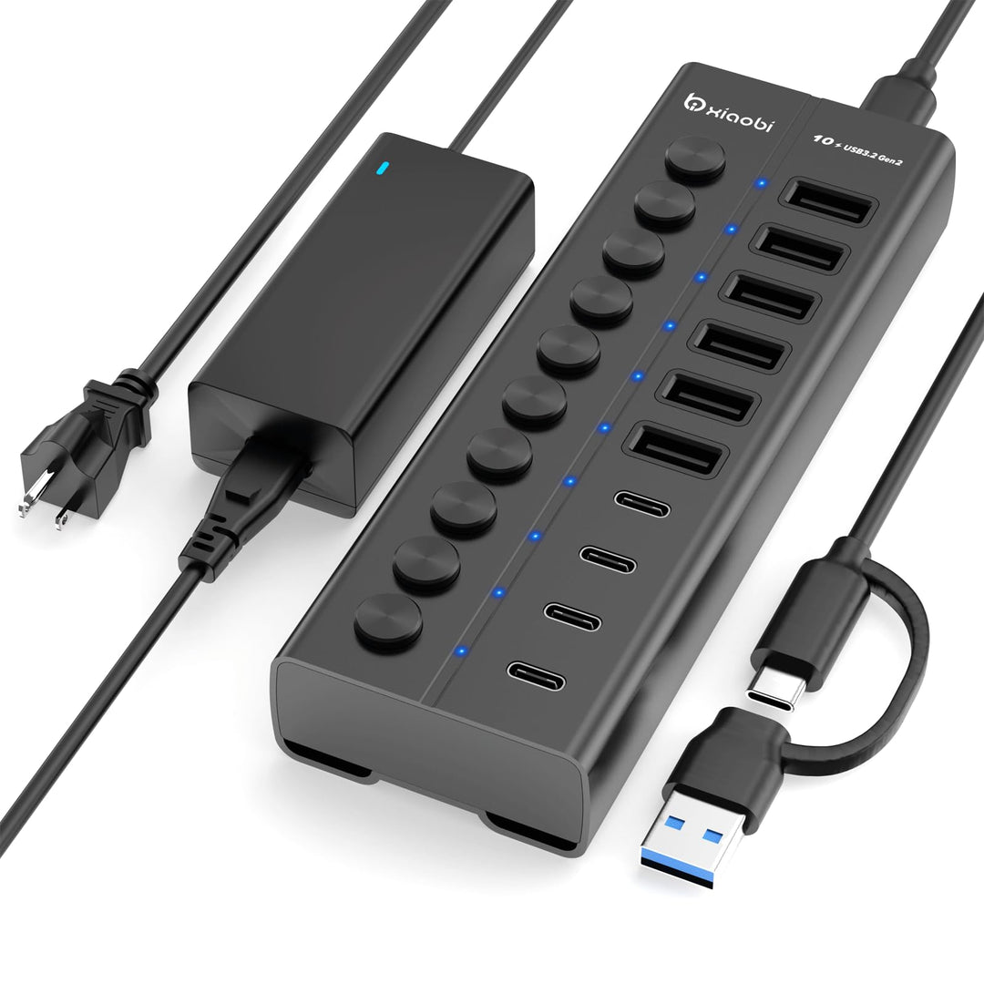 10 Port USB Hub mit Netzteil 60W - 10Gbps USB 3.2 Gen 2 Hub Aktiv aus Aluminium mit 6 USB-A & 4 USB-