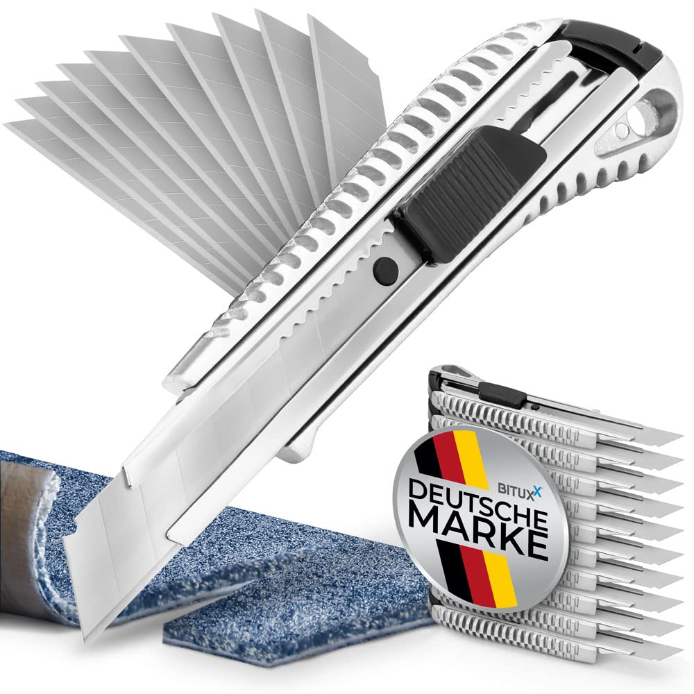 10 Alu Druckguss Cuttermesser Teppichmesser Kartonmesser Aluminium inklusive 50 Stahl Ersatzklingen