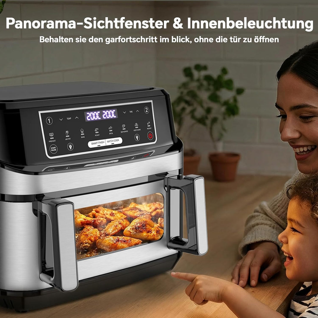 Heissluftfritteuse 12L | Air Fryer XXL Variabel für Einzel und Zweikammer, 2600W Doppel-Heizelement