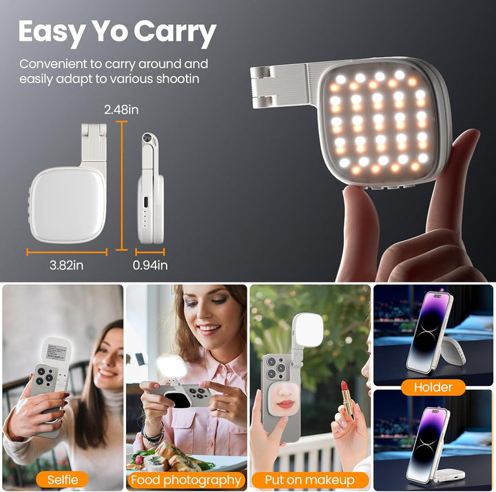 Magnetisches 3-in-1 Selfie-Licht mit Spiegel– 48 LEDs, 10 Helligkeitsstufen, 1000mAh Akku, Farbtempe
