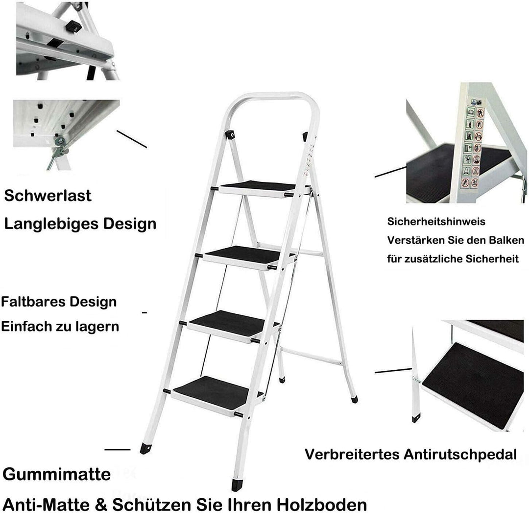 Faltbare 4-Stufen-Leiter-Trittleiter, rutschfeste Lauffläche, Sicherheitsstahlstufe, 5 Jahre Garanti