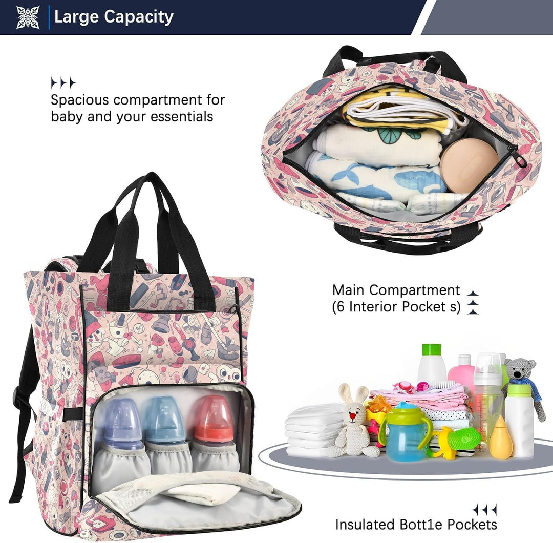 Niedliche Kunst Der Rosa Karikatur Wickeltasche,Reiserucksack Grosse Kapazität,Tragetasche für Mütte