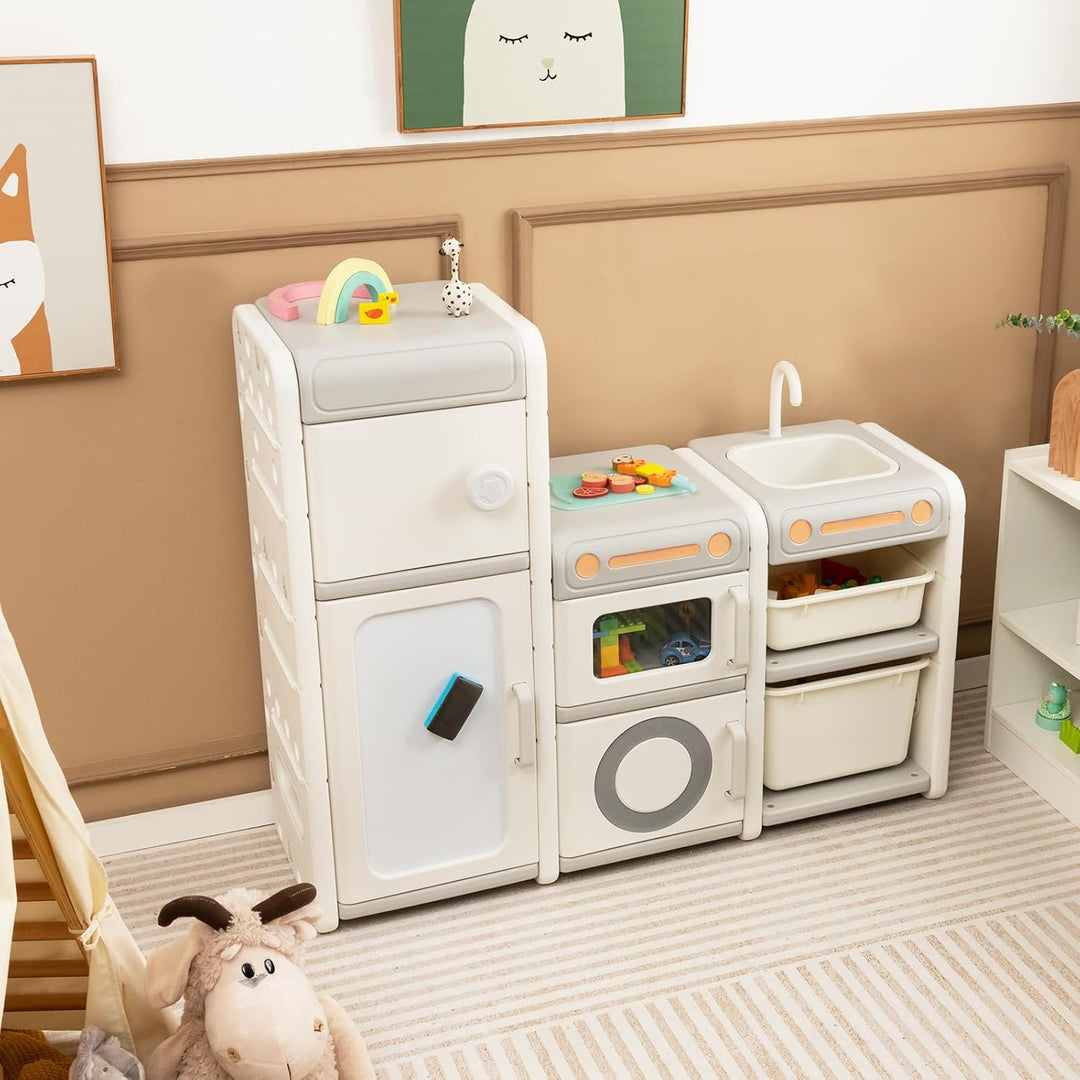 COSTWAY Kinderregal mit Boxen, Kinderzimmer Regal mit 4 Schränken Spül Wasserhahn Whiteboard Markern
