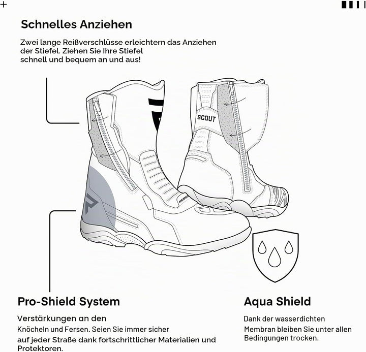 REBELHORN Scout Motorradstiefel Hipora Membran Knöchel- und Fersenschutz Antibakterieller Einsatz Re