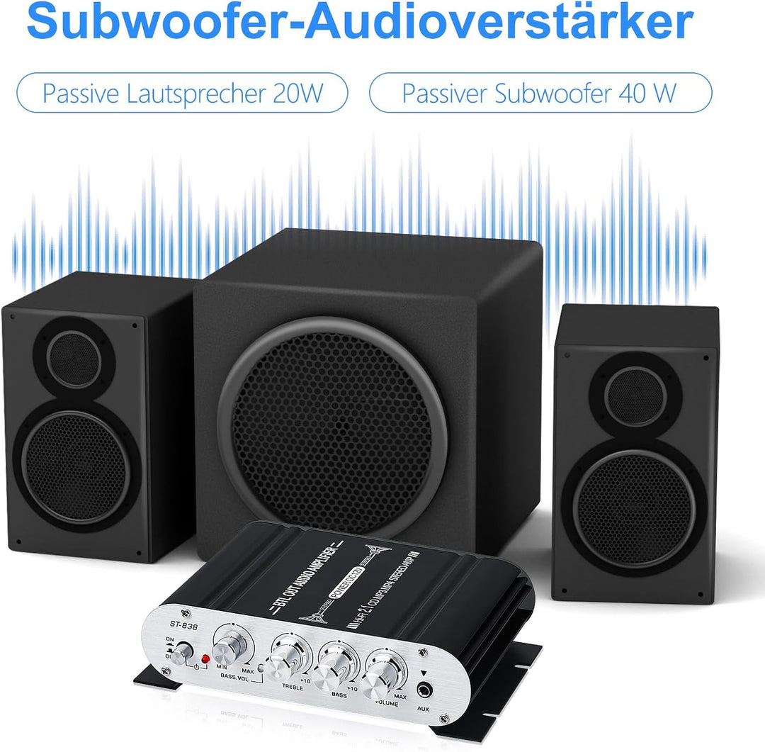 HiFi Audio Verstärker,2.1CH Stereo Verstärker,RMS 20Wx2+40W ST-838 mit Subwoofer Ausgang KlasseD Min