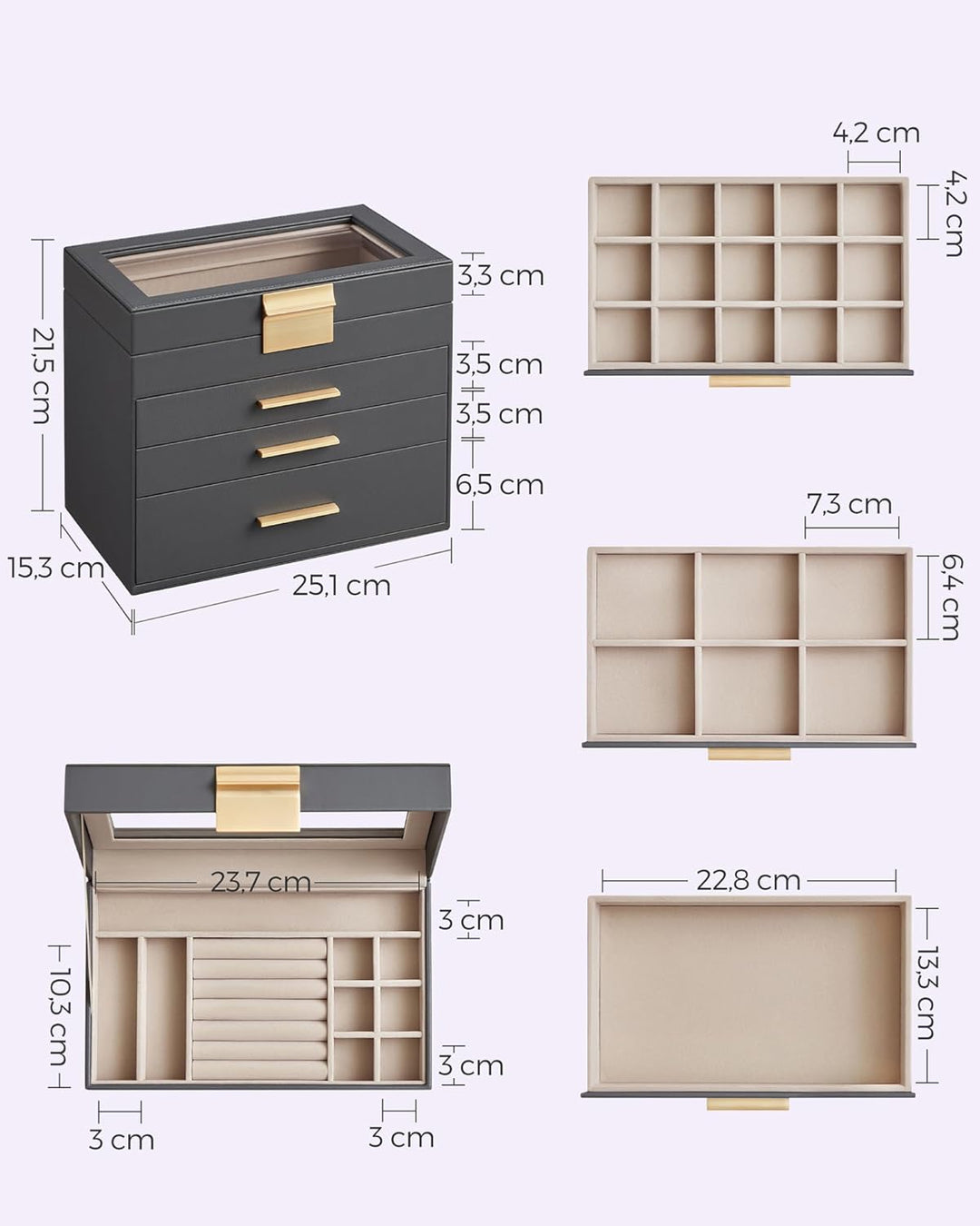 SONGMICS Schmuckkästchen, Schmuckkasten mit 4 Ebenen, Schmuckbox mit Glasdeckel, 3 Schubladen, für S