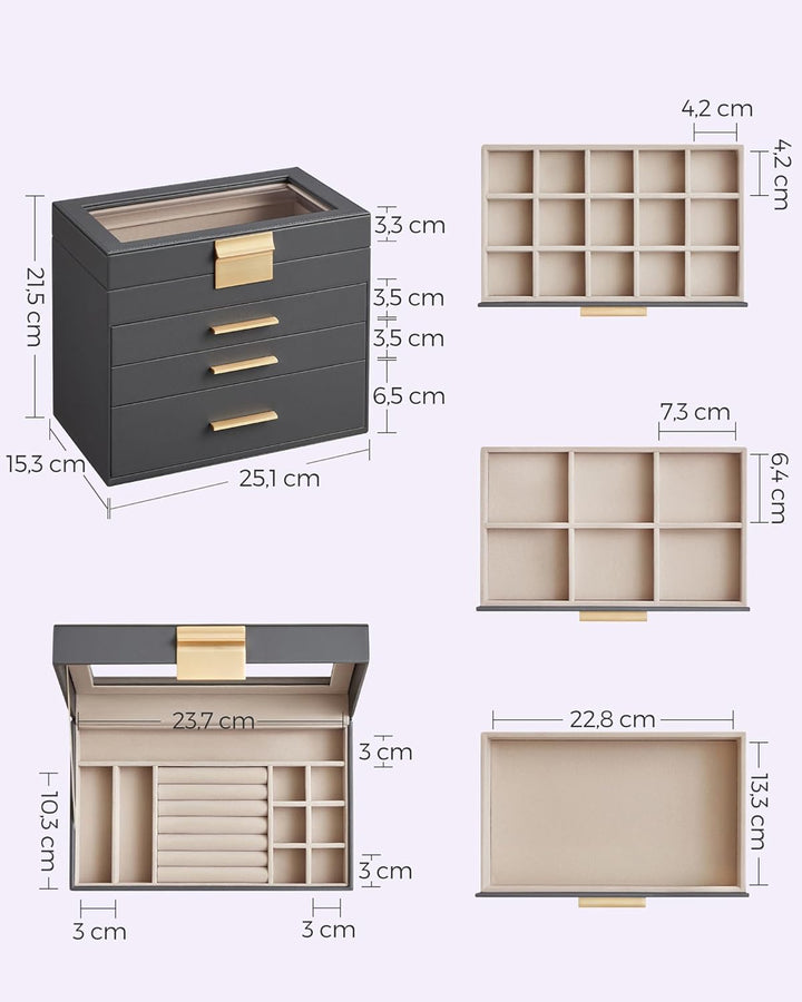 SONGMICS Schmuckkästchen, Schmuckkasten mit 4 Ebenen, Schmuckbox mit Glasdeckel, 3 Schubladen, für S