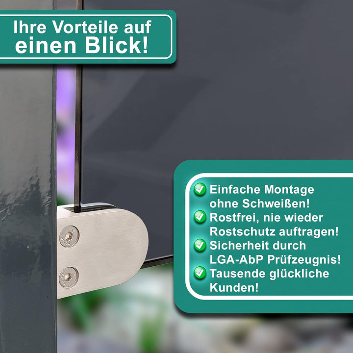 PRIOstahl Glashalter 4 Stück Glasklemmen Klemmhalter Glashalter mit Sicherungsplatte + Sicherungssti