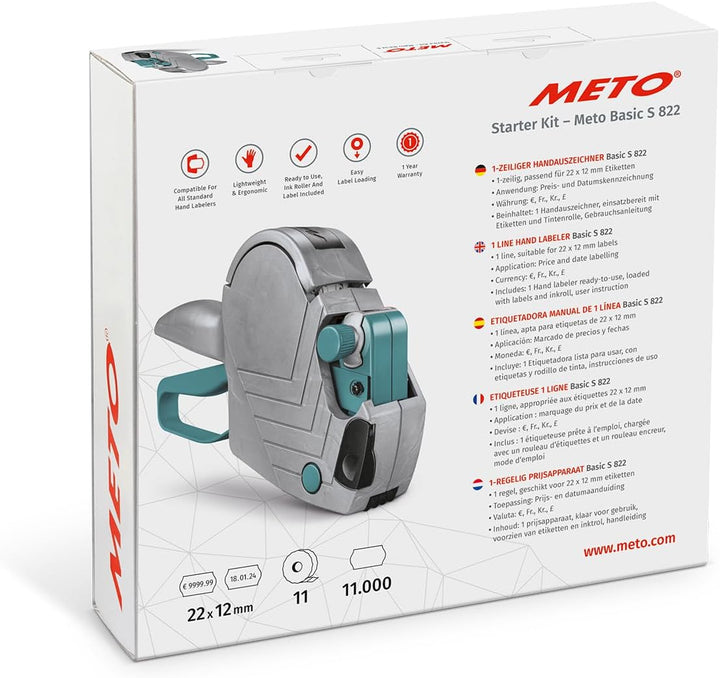 Meto Basic S Starter Kit inkl. 11.000 Etiketten – Preis, Datum, MHD (1-zeilig, 8-stellig für 22x12 m