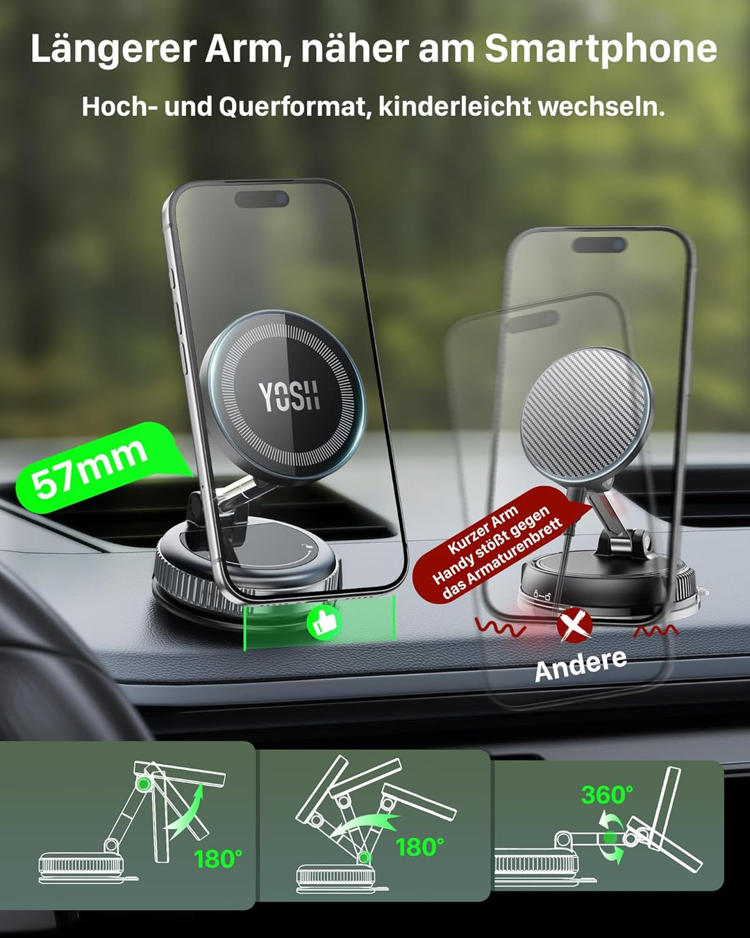 YOSH für MagSafe Autohalterung mit Ladefunktion, [300N Vakuum-Saugnapf & 22×N55 Magnete], 15W Schnel