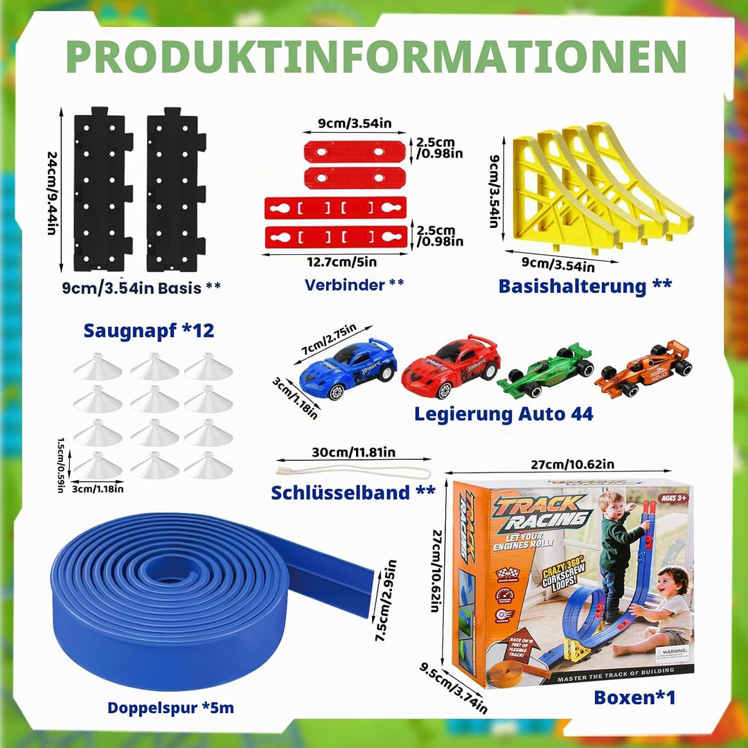 5 Meter Flexible rennbahn Kinder, Rennstrecke Auto Spielzeug, DIY Rennbahn Spielzeug, Autorennbahnen