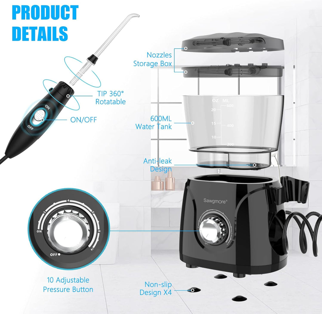Sawgmore Elektrische Munddusche mit 10 Druckstufen und 8 Düsen，Professional Waterflosser für Zanrein