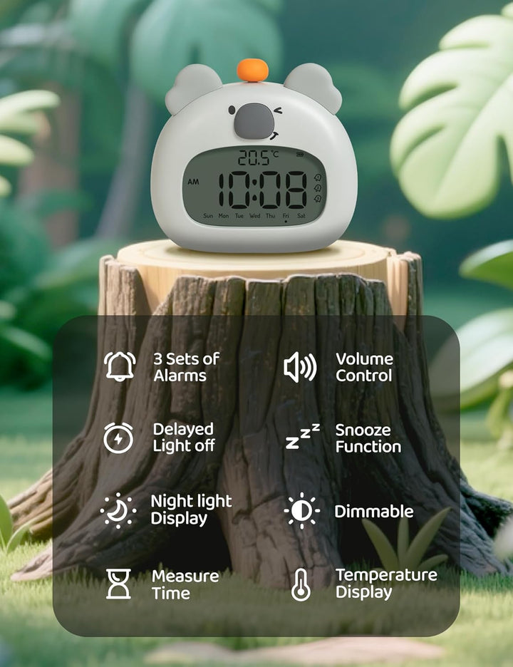 IHALO Koala Kinderwecker, Nachttischwecker mit Koala Nachtlicht, digitales LED-Display, 3,15 Zoll, D