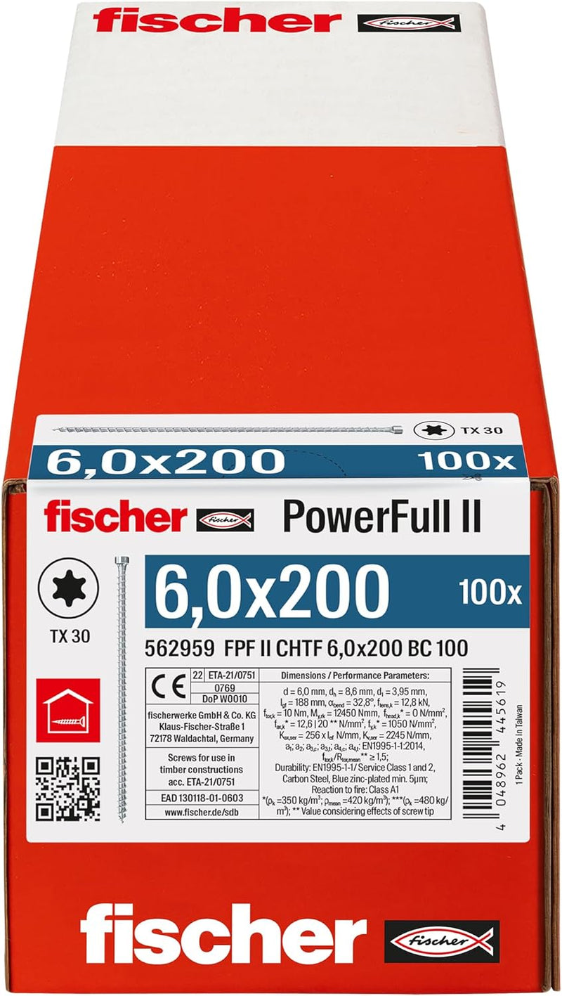 fischer PowerFull II 6,0 x 200, Premium Vollgewindeschraube (100 Stk.) mit innovativer Spitzengeomet