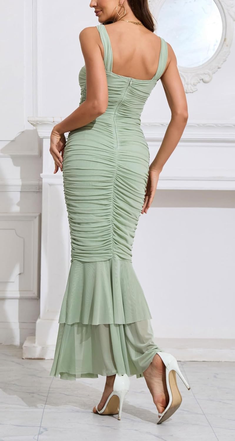 CHARTOU ärmelloses Maxikleid für Damen, mit Trägern, für Abschlussball, Party, Abend, gerüscht, figu