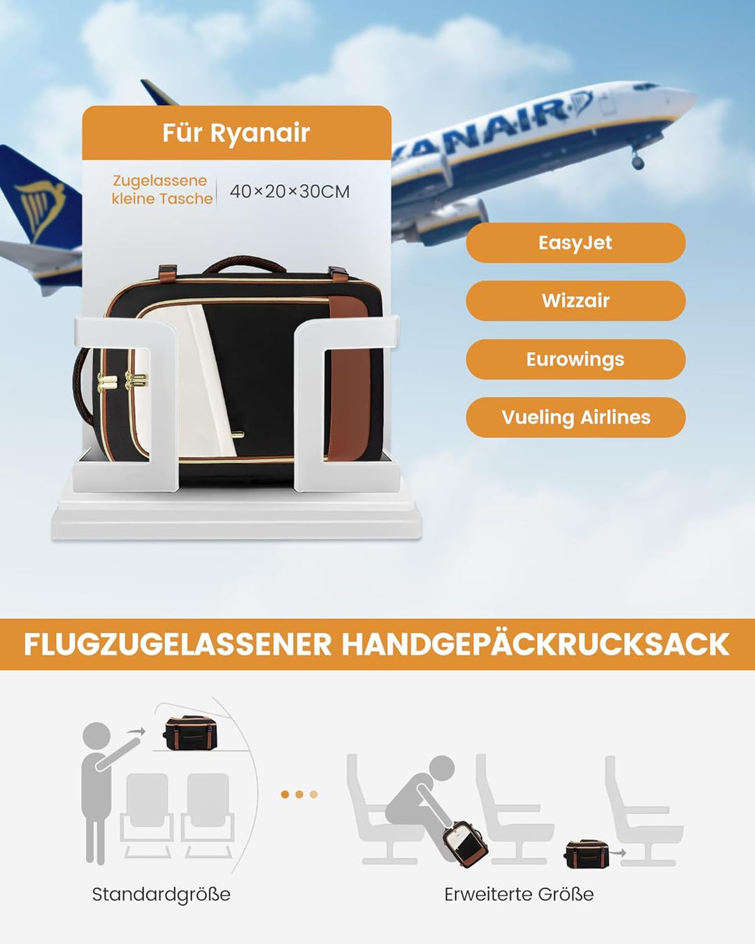 LOVEVOOK Ryanair Handgepäck 40x30x20, 24L Travel Handgepäck Rucksack für Damen und Herren, Ryanair R