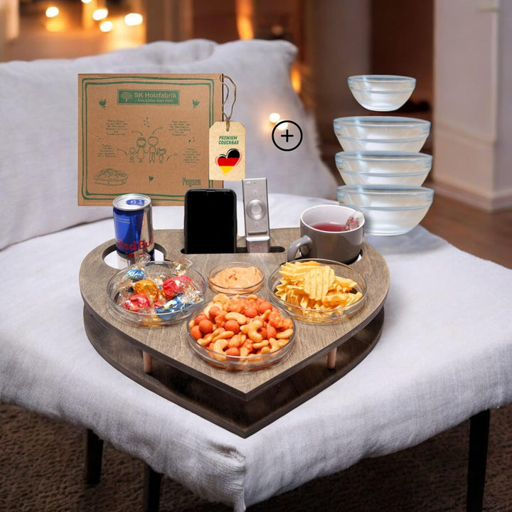 Herz Couchbar in Grau mit 4 Glasschalen - Sofa Butler für Snacks & Getränke [stabil & sicher] Snackb