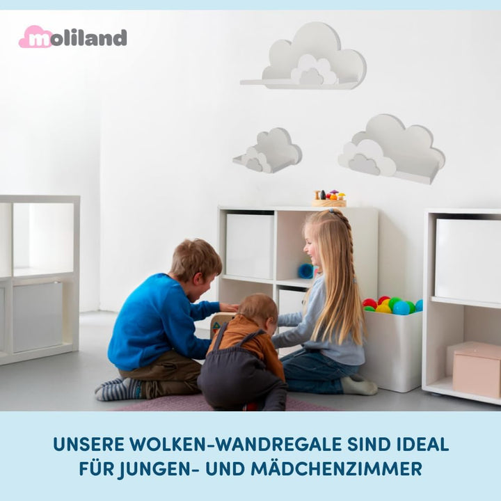 3er Set Wandregal Kinderzimmer Weiss | Babyzimmer Wolkenregal für Bücher, Spielzeug, Dekoration | Re