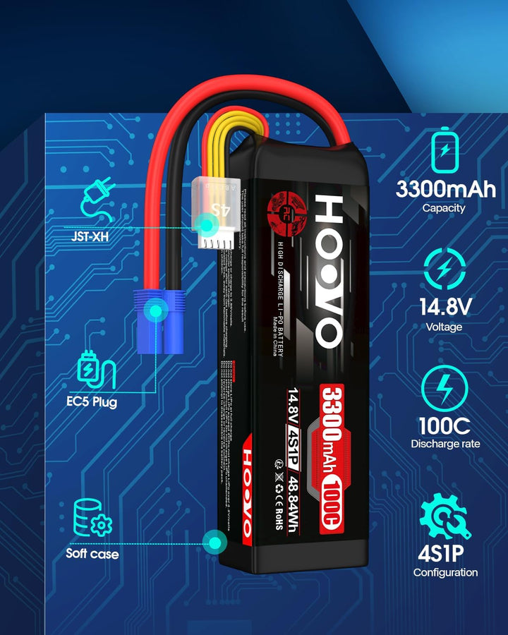HOOVO 4S Lipo Akku 14,8V 3300mAh 100C RC Battery Softcase mit EC5 Stecker für RC Car Buggy Hubschrau