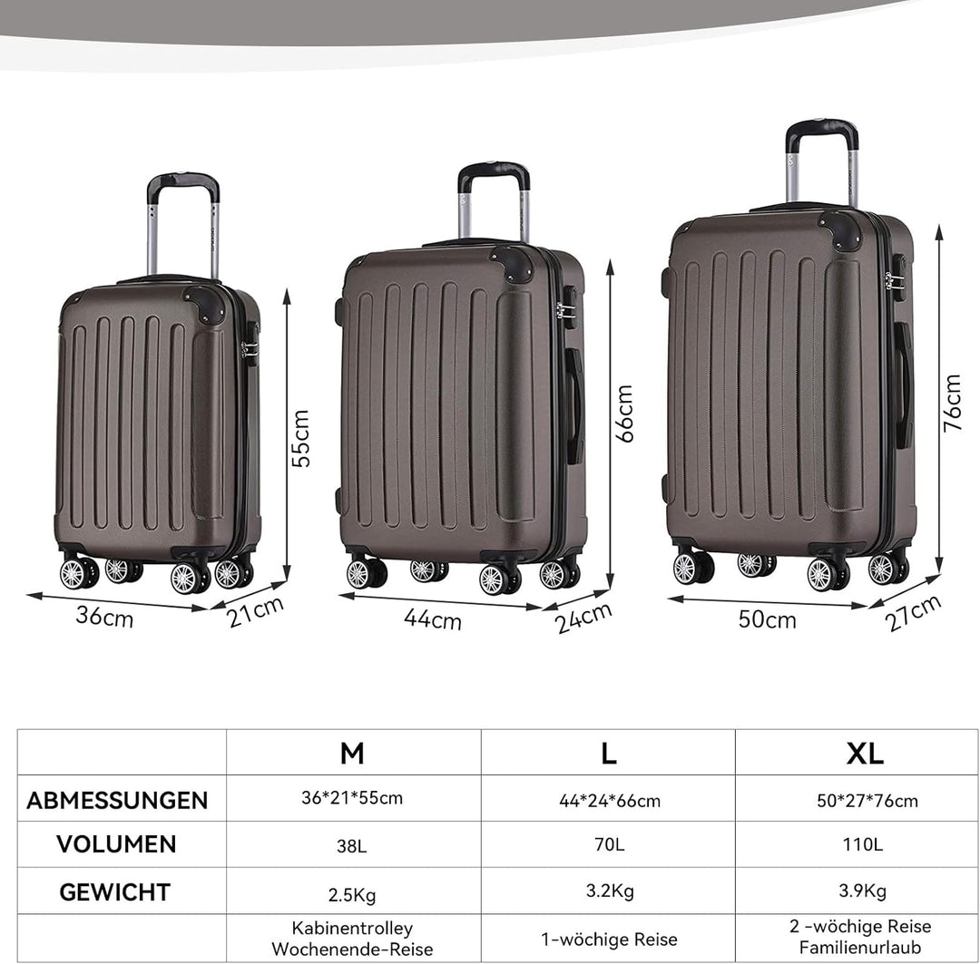 BEIBYE Hartschalen-Koffer Trolley Rollkoffer Reisekoffer Handgepäck 4 Rollen (M-L-XL-Set) (Coffee, S