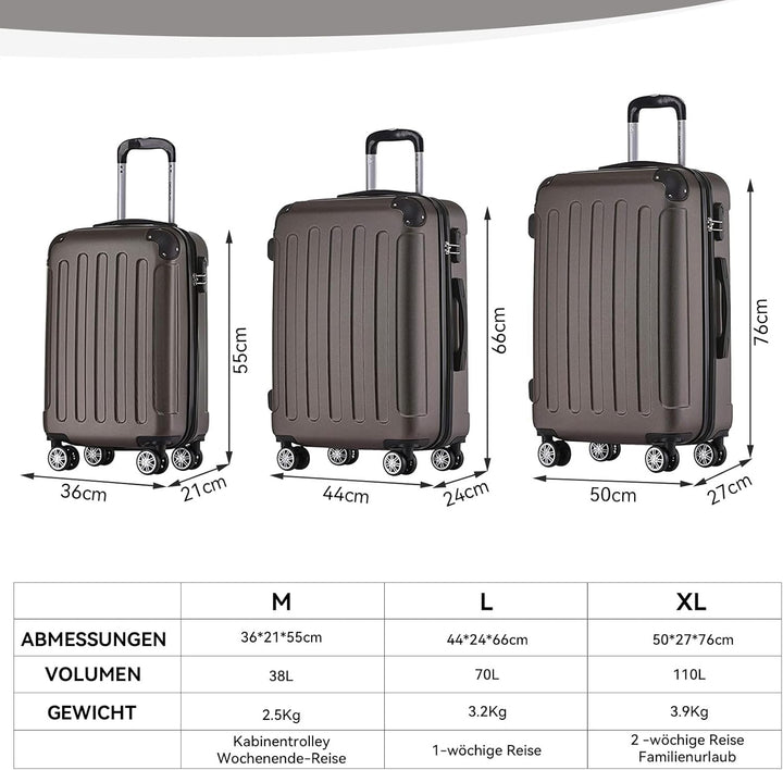BEIBYE Hartschalen-Koffer Trolley Rollkoffer Reisekoffer Handgepäck 4 Rollen (M-L-XL-Set) (Coffee, S