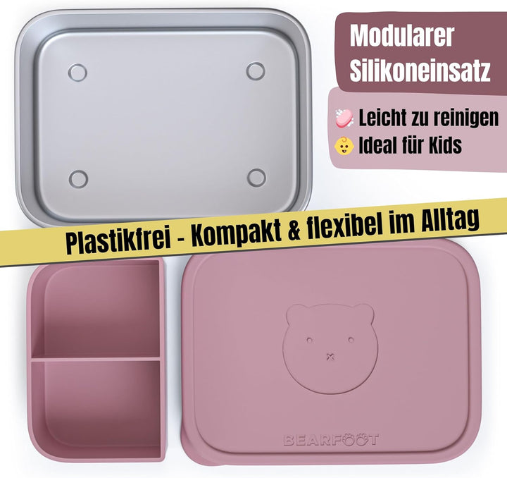 BEARFOOT Edelstahl Brotdose Kinder mit Silikondeckel (Rosa, 700 ml) | BPA-frei, auslaufsicher, Brotz