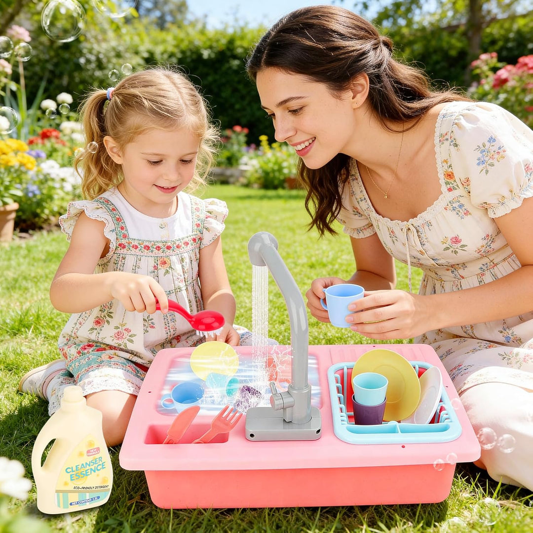 deAO Kinderspielset Pretend Kitchen Sink mit simuliertem Wasserhahn und enthaltenem Küchenzubehör -
