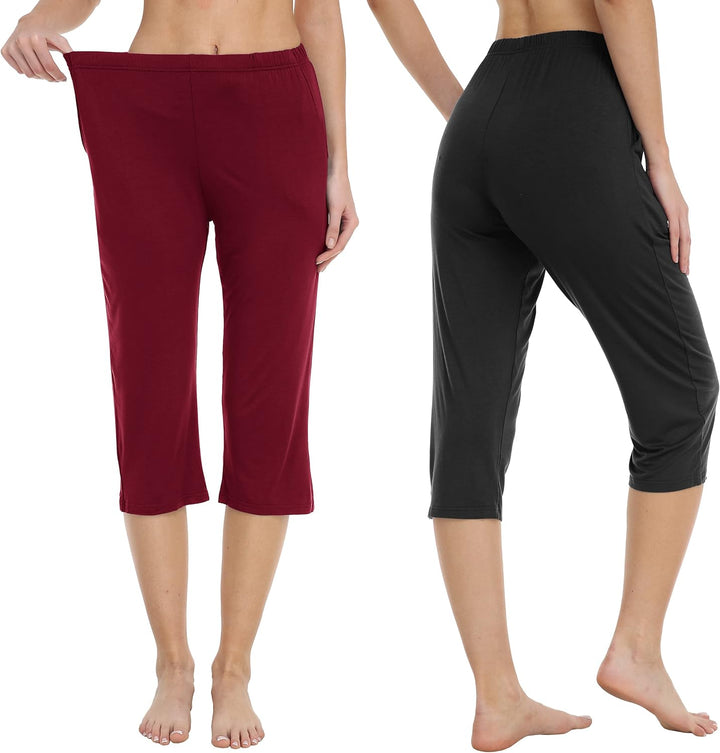 MoFiz Damen Schlafanzughose 3/4 Lang Schlafhose Modal Nachtwäsche Weich Pyjamahose Freizeithose mit