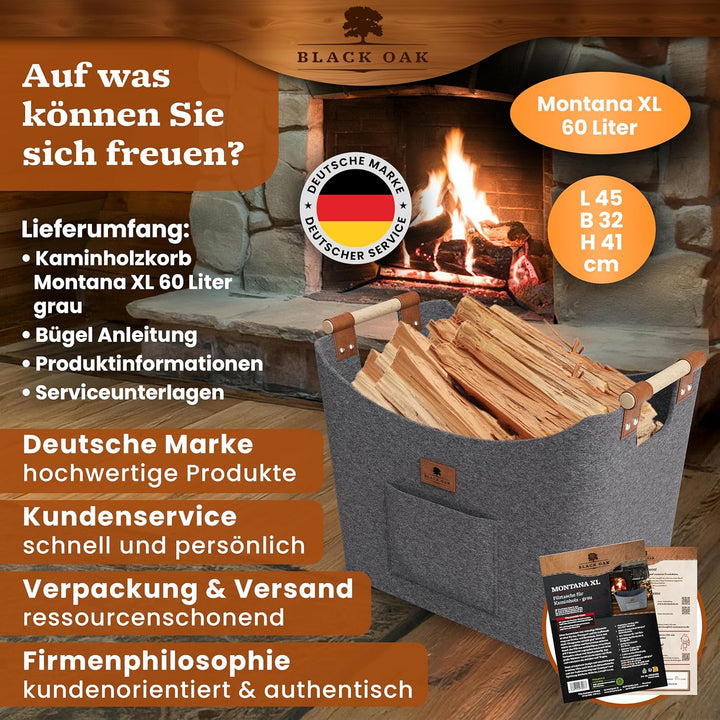 BLACK OAK Montana XL 60L Filzkorb &amp; Holzkorb für Kaminholz - Leder Applikation + rutschfeste Griffe