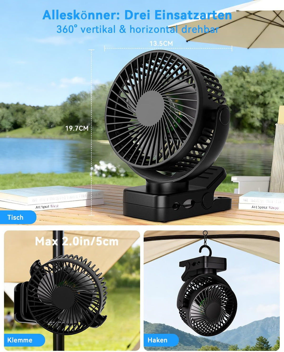 USB Tischventilator Leise mit 12000mAh Akku, Clip Camping Ventilator mit Fernbedienung, Mini Akku Ve