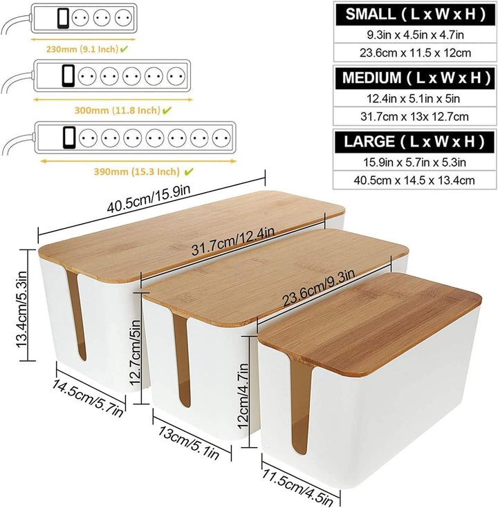 SENENQU 3er-Set Kabelbox Weiss, Grosse Kabel Organizer Box mit Holzdeckel für Kabel, Grosse und Klei