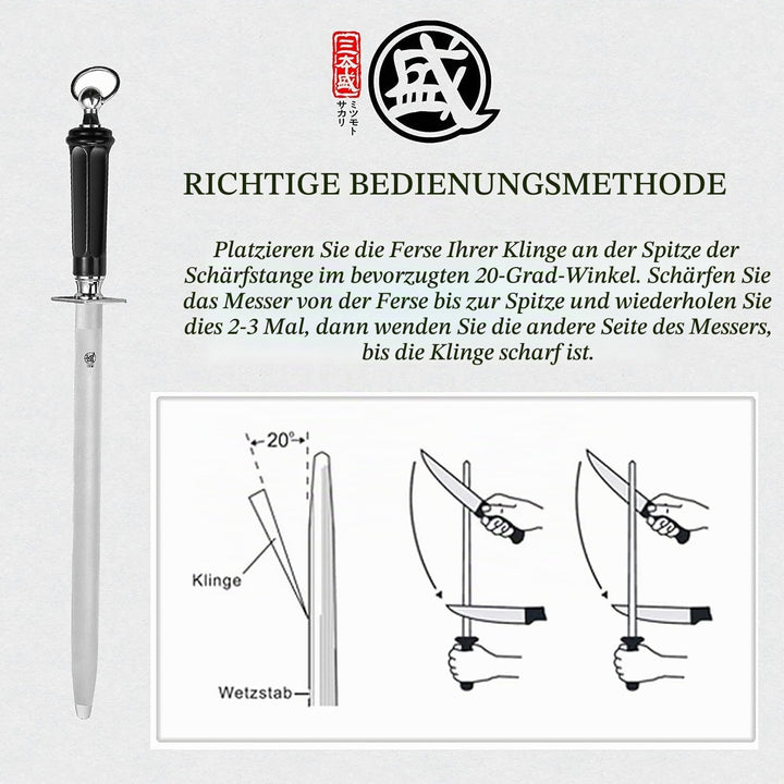 MITSUMOTO SAKARI 44 cm Runder Wetzstahl, Profi Wetzstein, Japanischer Kohlenstoffstahl Knife Sharpen