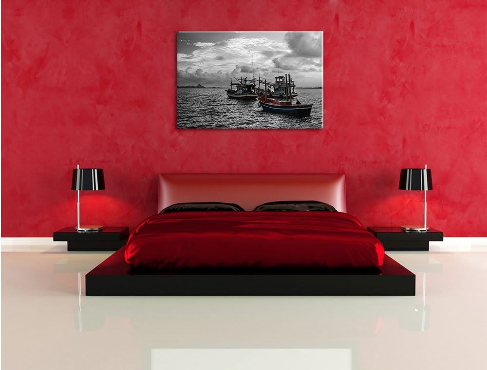 Pixxprint thailändische Fischerboote im Meer B&W Detail, Format: 100x70 auf Leinwand, XXL riesige Bi